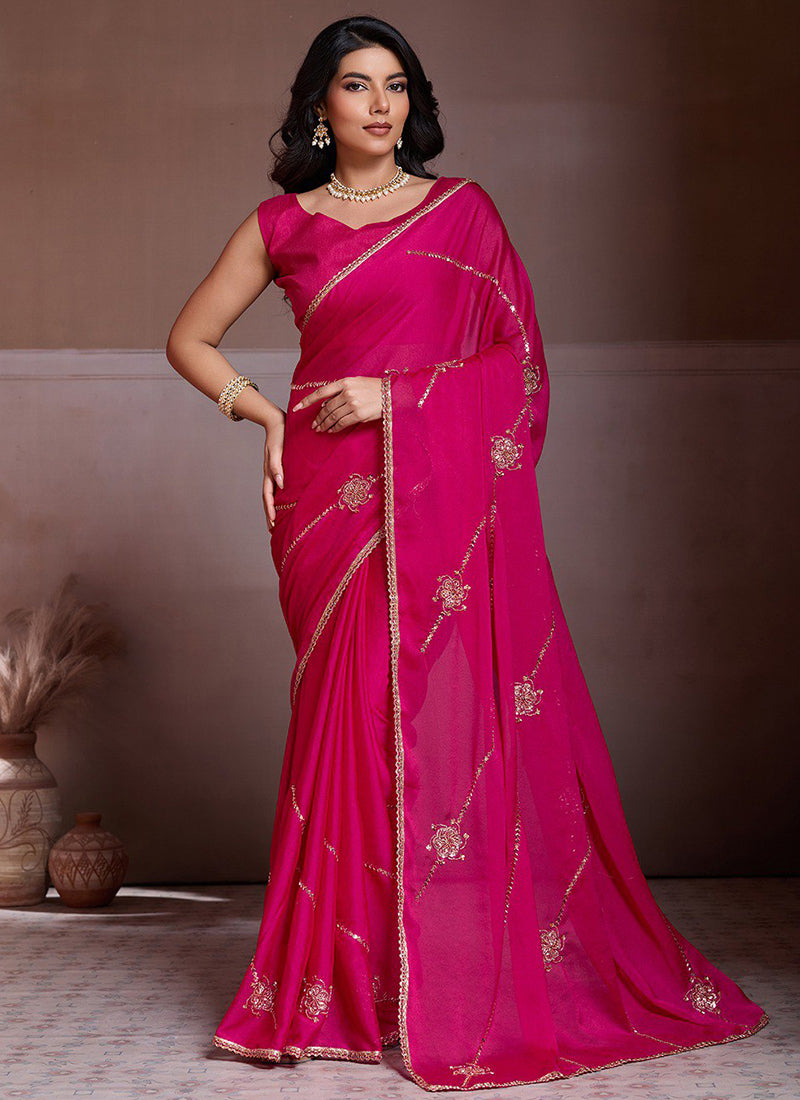 Silk Rani Pink Casual Wear Sequins Work Saree 388962