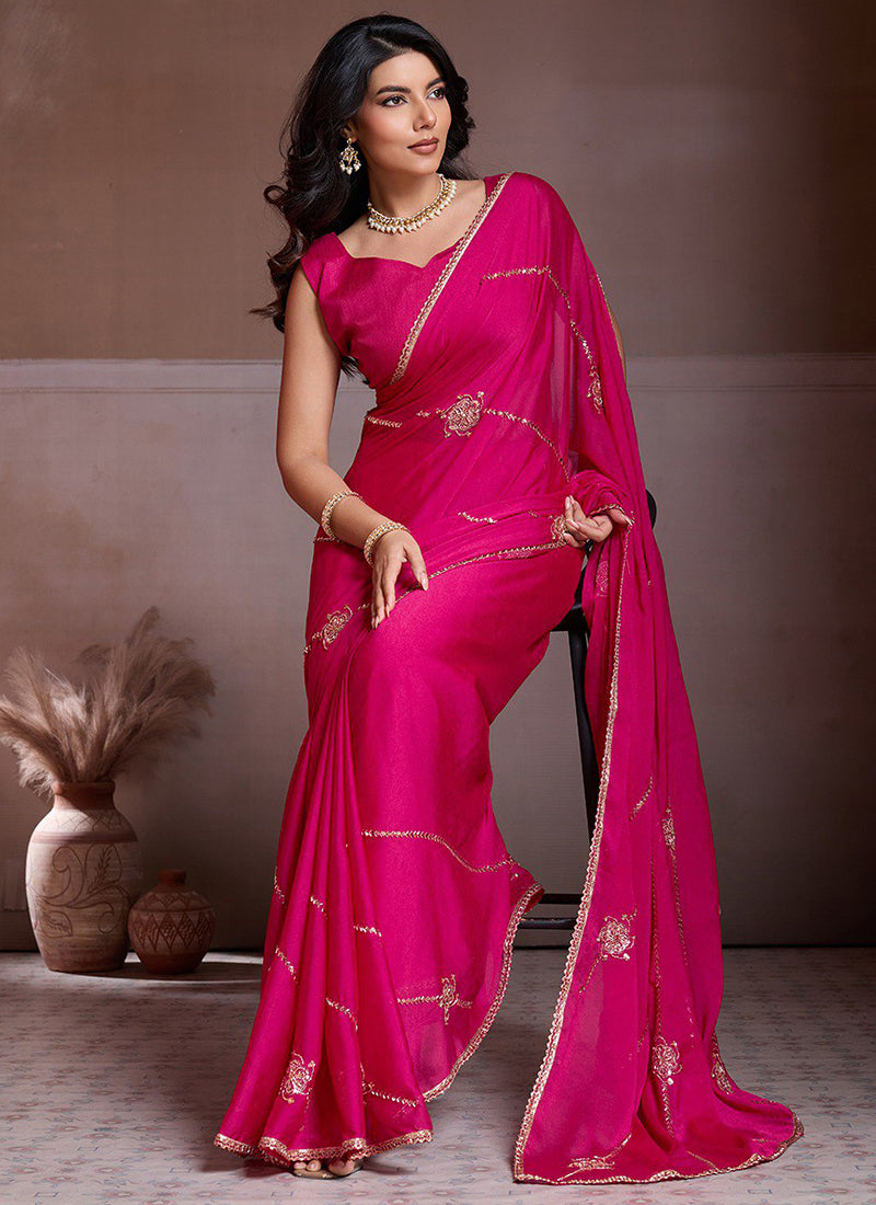 Silk Rani Pink Casual Wear Sequins Work Saree 388962
