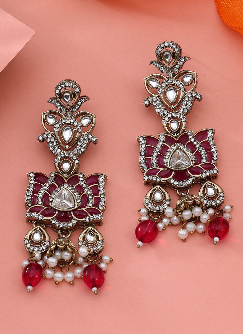 Red Party Wear Diamond Work Pretty Earrings