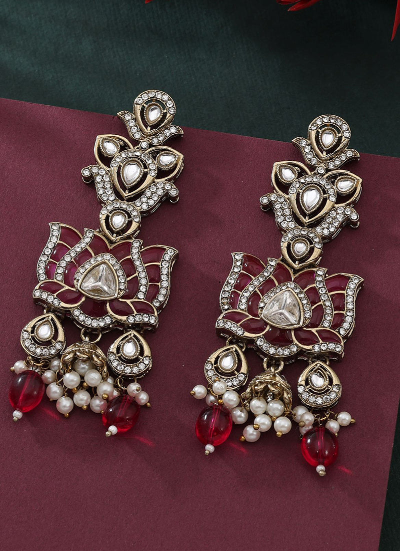 Red Party Wear Diamond Work Pretty Earrings