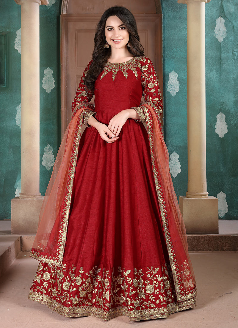 Adda Silk Red Party Wear Embroidery Work Anarkali Suit