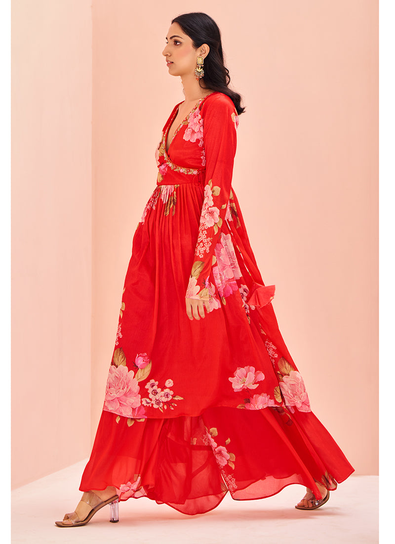 Chinnon Red Party Wear Hand Work Readymade Kurti With Bottom