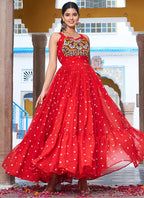 Faux Georgette Red Navratri Wear Bhandhani Print Readymade Gown