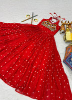Faux Georgette Red Navratri Wear Bhandhani Print Readymade Gown