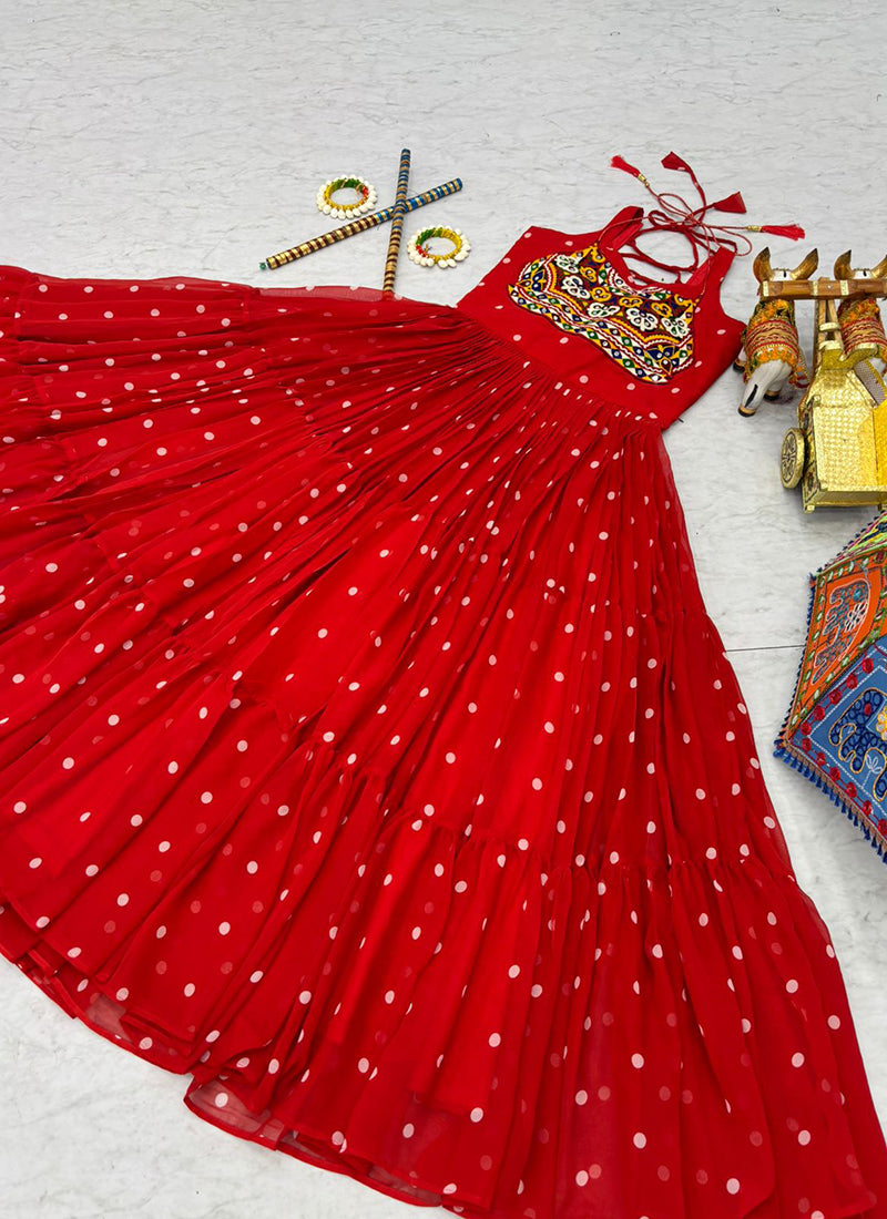 Faux Georgette Red Navratri Wear Bhandhani Print Readymade Gown