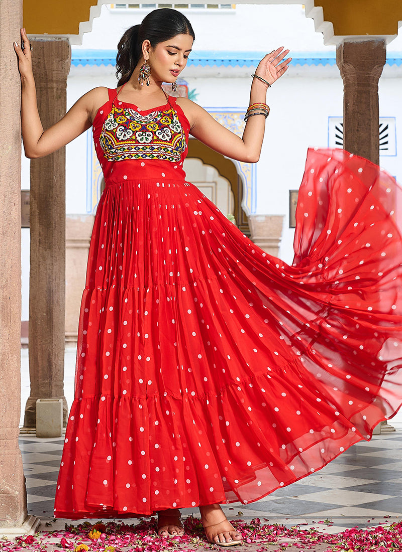 Faux Georgette Red Navratri Wear Bhandhani Print Readymade Gown