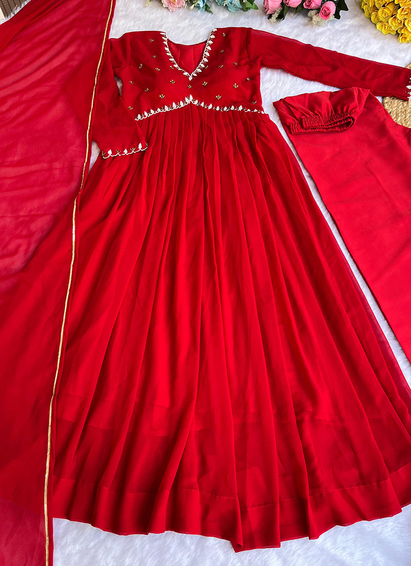 Faux Georgette Red Party Wear Embroidery Work Readymade Gown With Dupatta