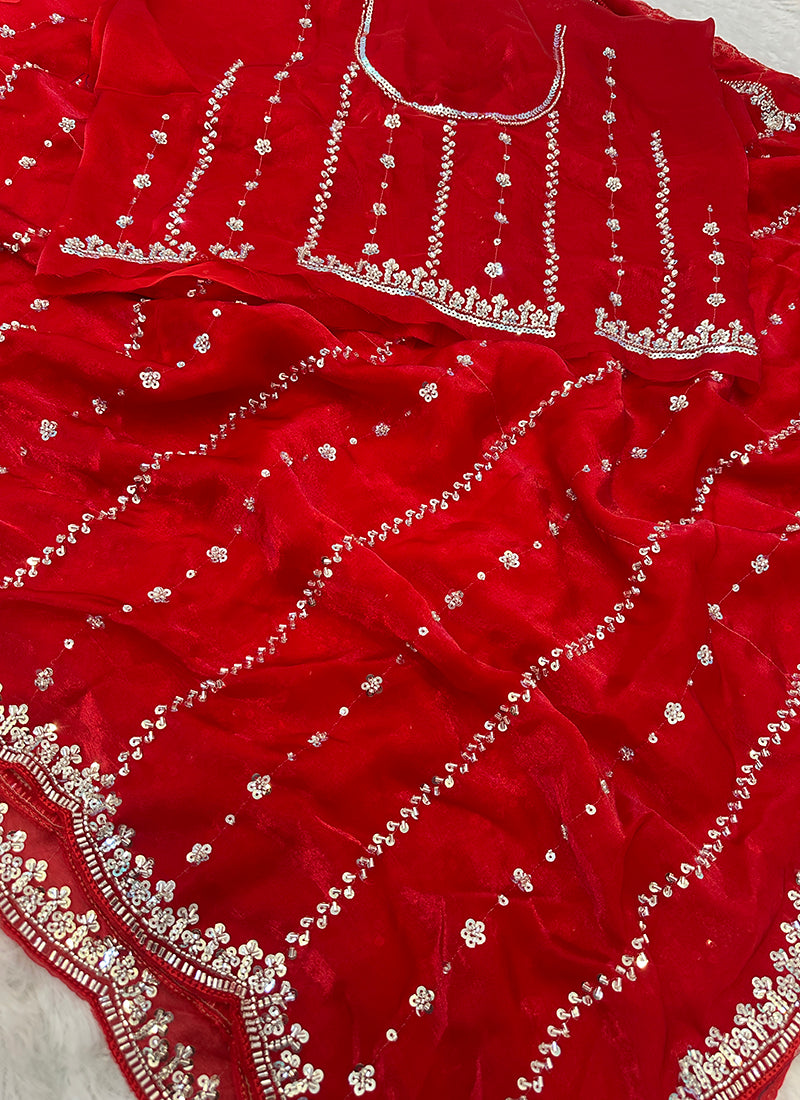 Red Fendi Satin Sequins Work Festival Wear Saree SW162223