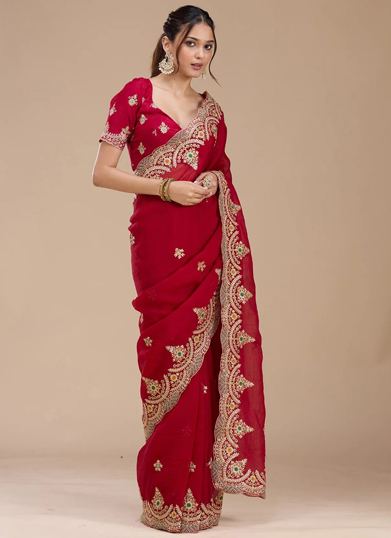 Fendy Satin Red Party Wear Embroidery Work Designer Saree 388837