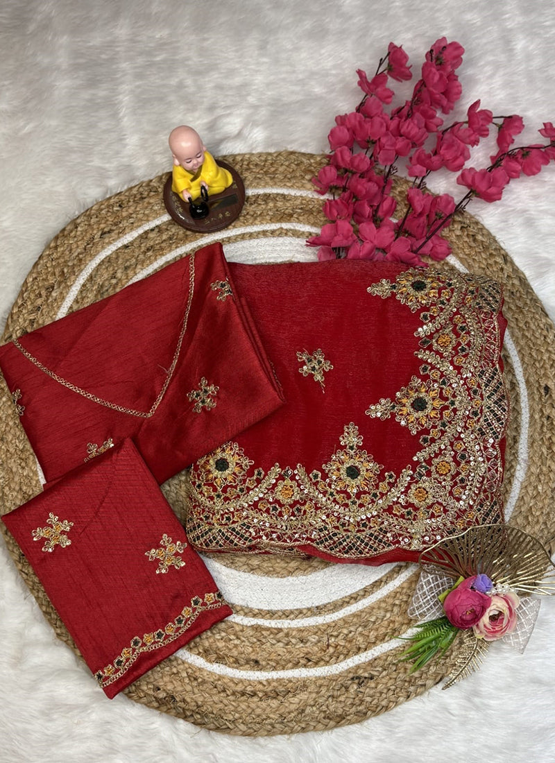 Fendy Satin Red Party Wear Embroidery Work Designer Saree 388837