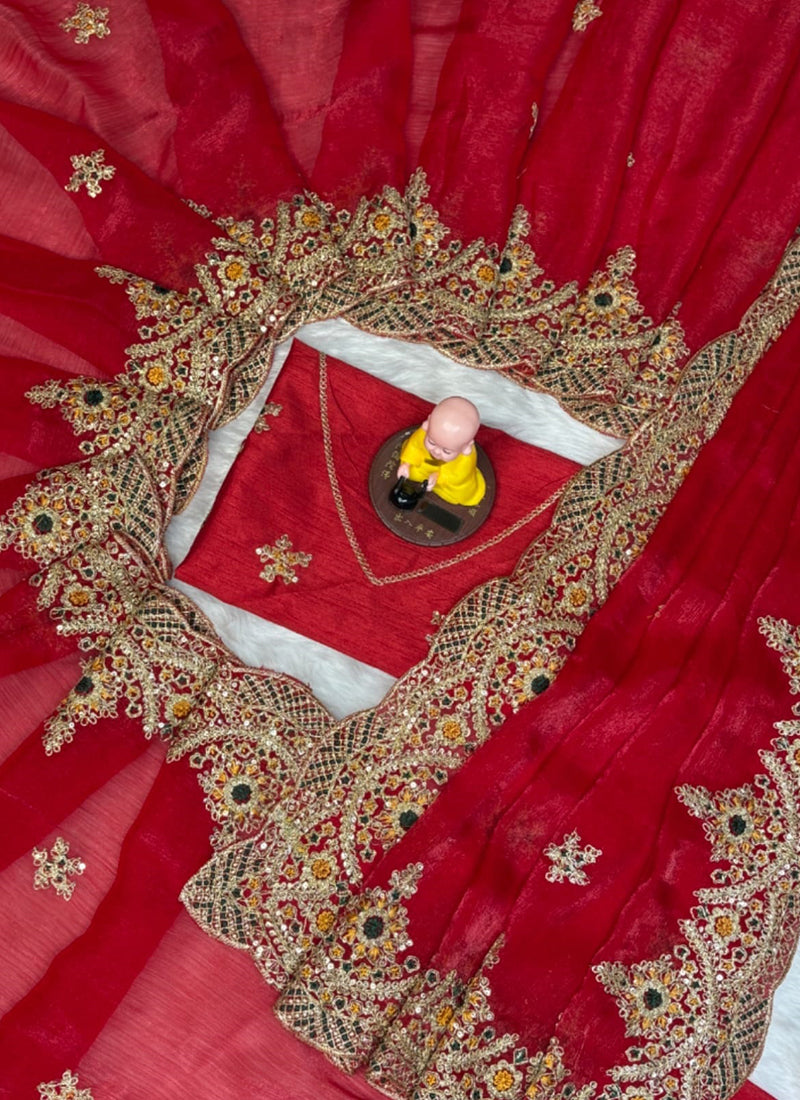 Fendy Satin Red Party Wear Embroidery Work Designer Saree 388837