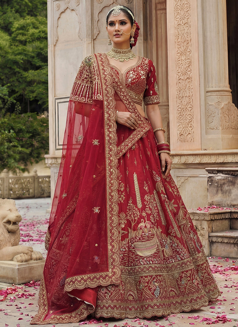 Gadhwal Silk Red Bridal Wear Zari Embroidery Work Bridal Lehenga Choli 389010