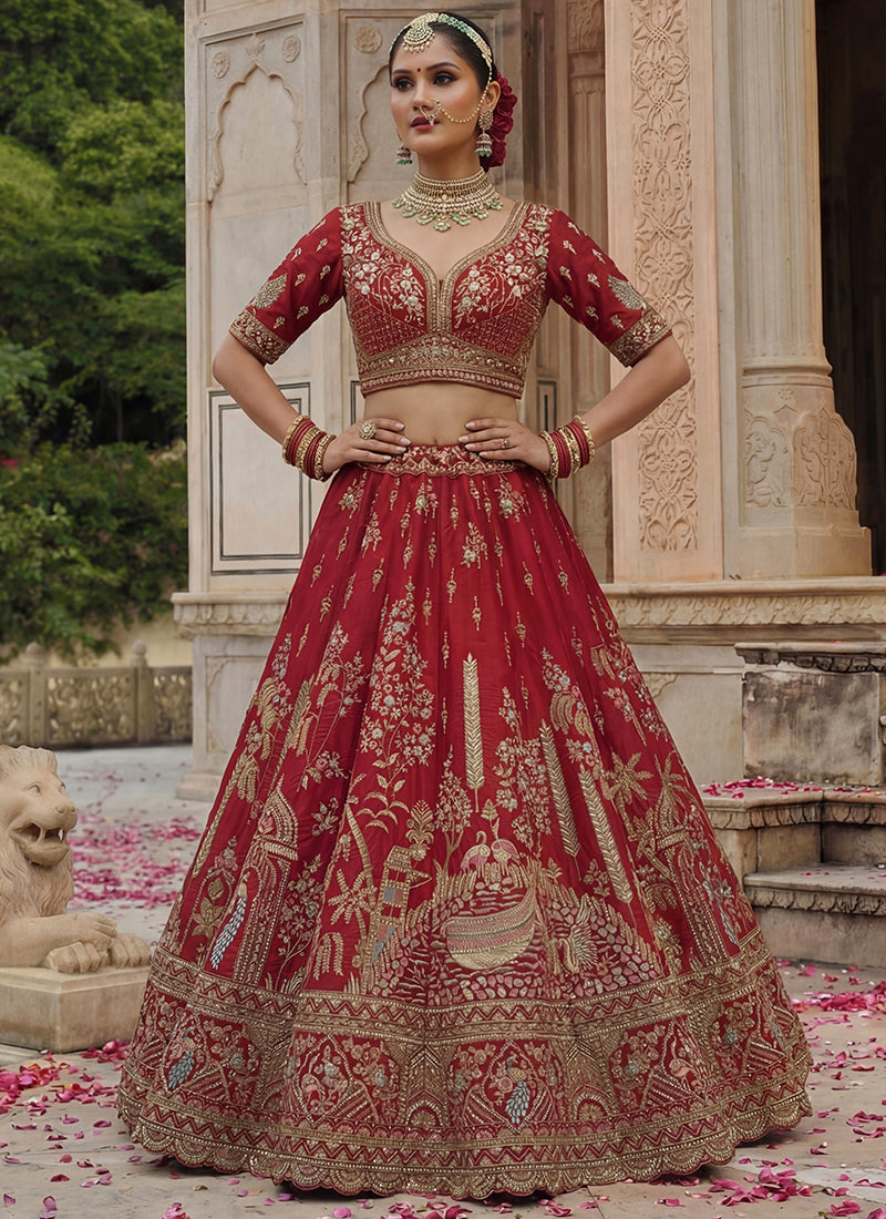 Gadhwal Silk Red Bridal Wear Zari Embroidery Work Bridal Lehenga Choli 389010