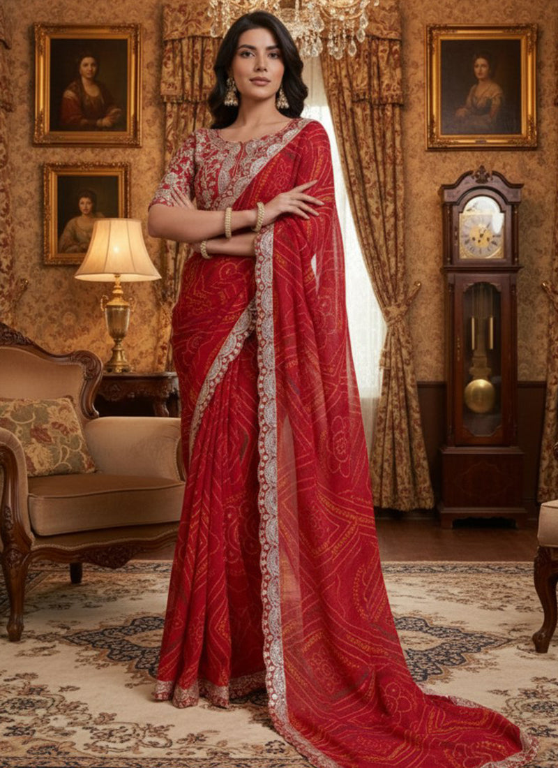 Georgette Red Festival Wear Bhandhani Print Work Saree 388749
