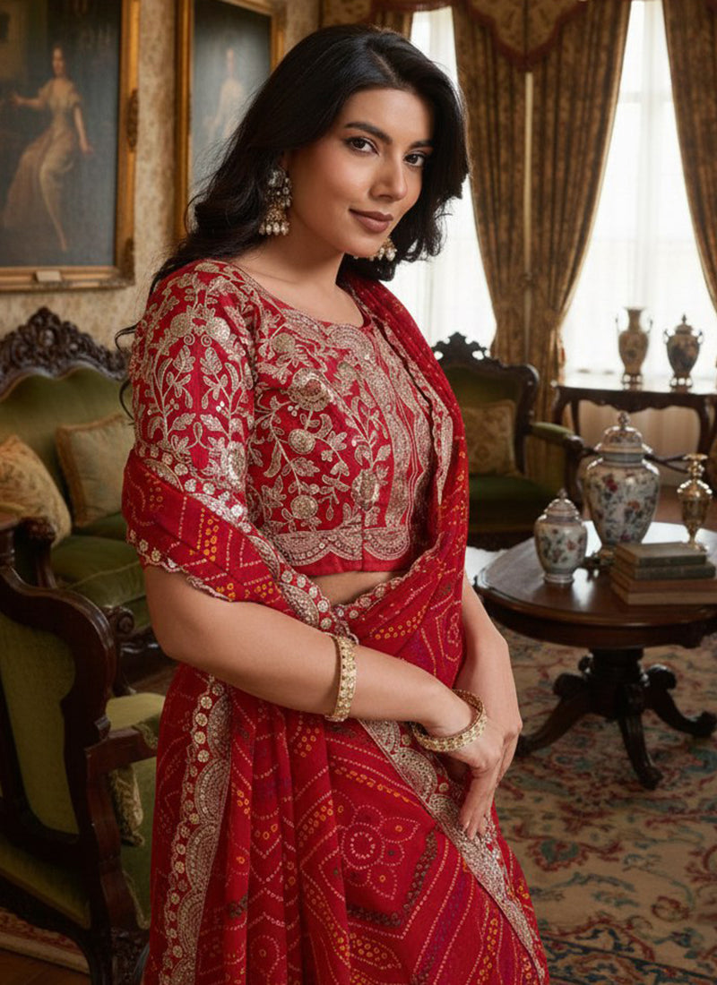 Georgette Red Festival Wear Bhandhani Print Work Saree 388749
