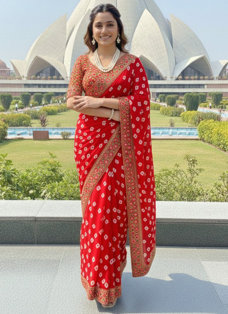 Georgette Red Festival Wear Printed Work Saree