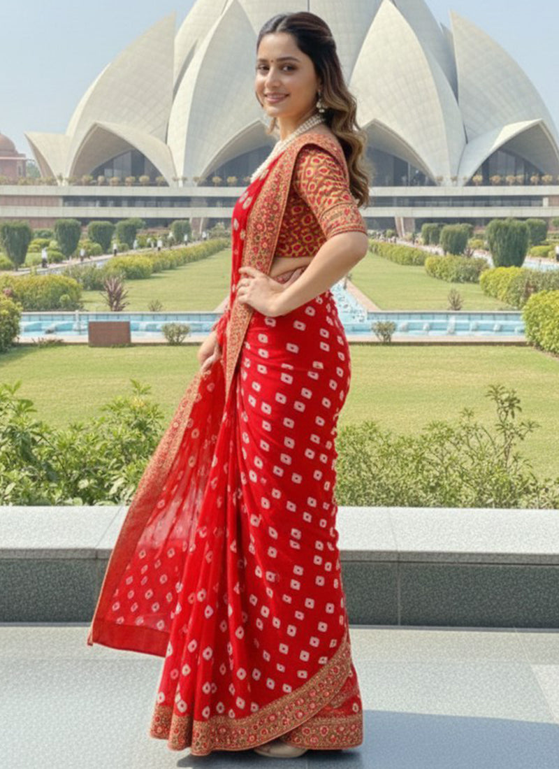 Georgette Red Festival Wear Printed Work Saree