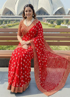 Georgette Red Festival Wear Printed Work Saree