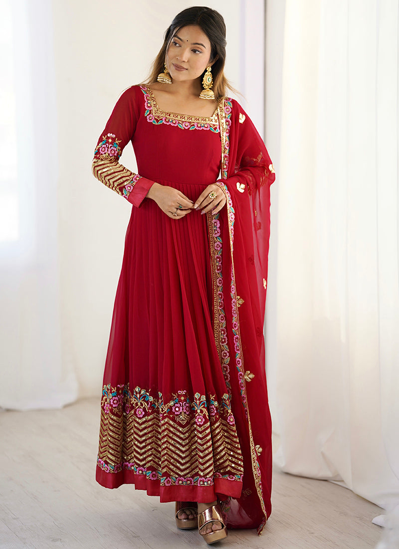 Georgette Red Wedding Wear Embroidery Work Readymade Anarkali Suit