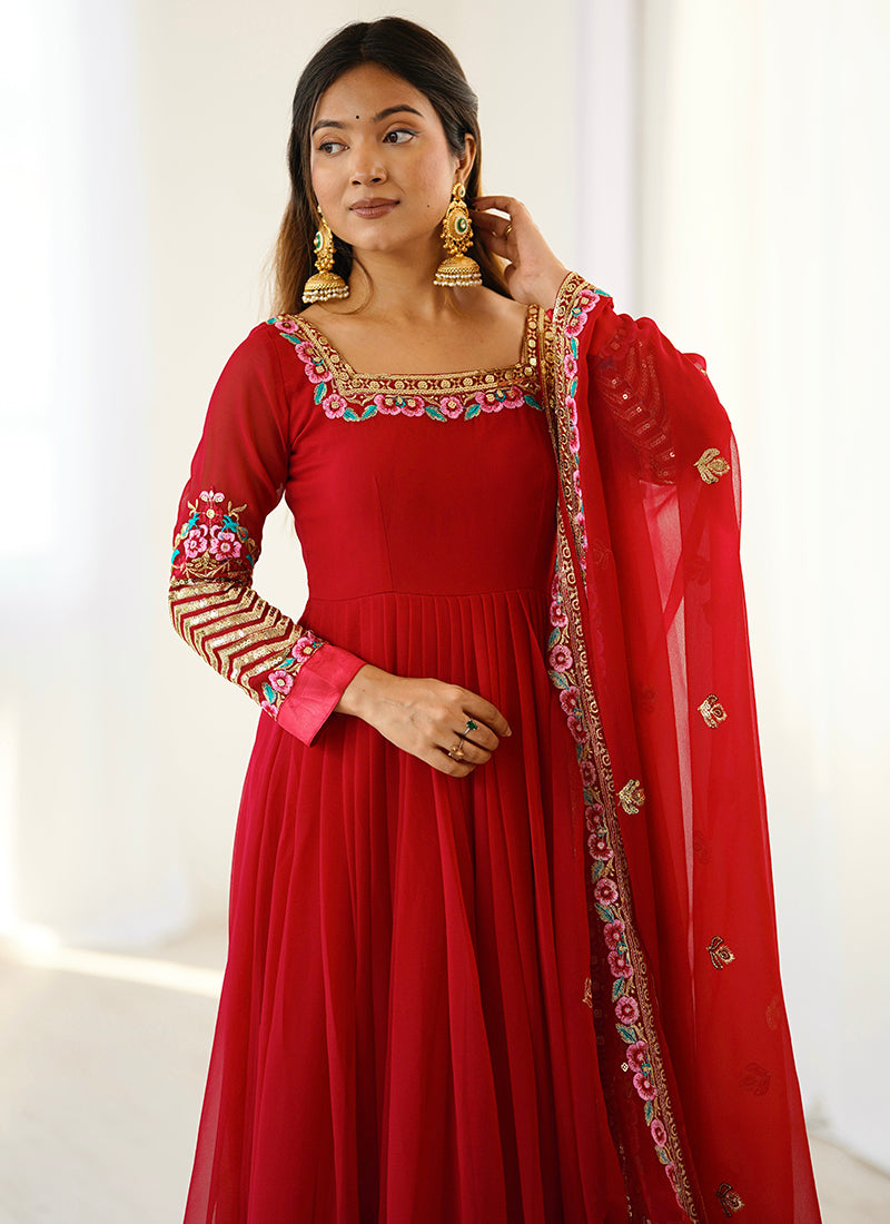 Georgette Red Wedding Wear Embroidery Work Readymade Anarkali Suit