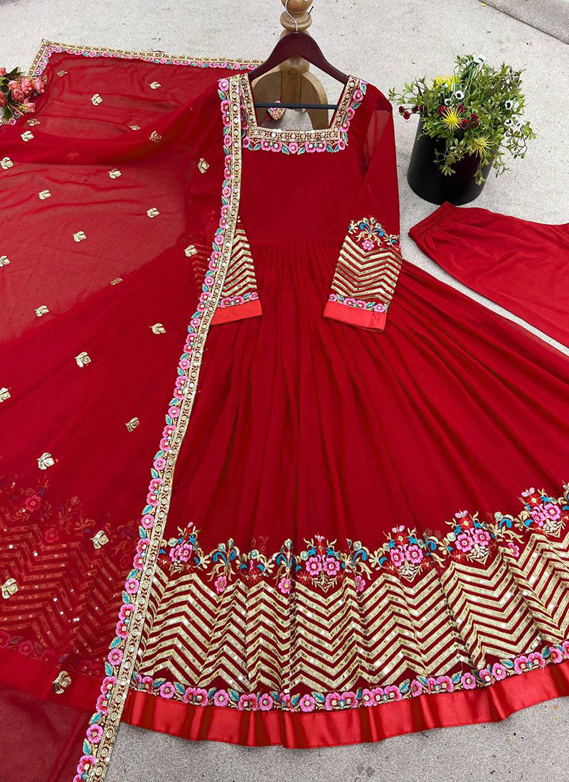 Georgette Red Wedding Wear Embroidery Work Readymade Anarkali Suit
