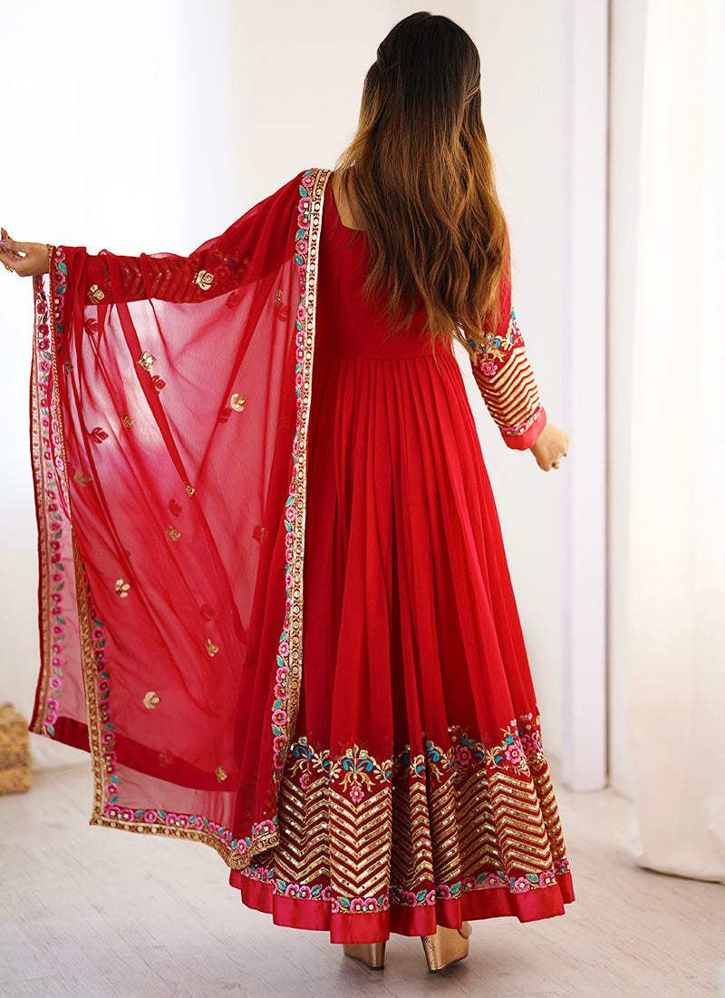 Georgette Red Wedding Wear Embroidery Work Readymade Anarkali Suit