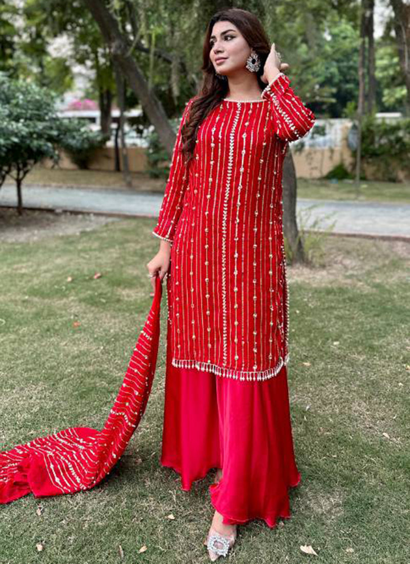 Georgette  Red Festival Wear Sequence Work Readymade Pakistani Suit