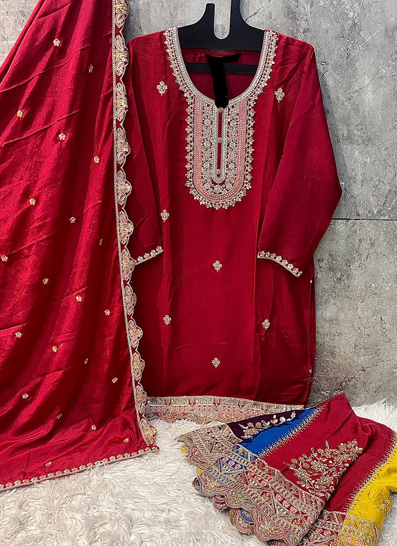 Heavy Chinon Red Festival Wear Heavy Embroidery Work Readymade Sharara Suit