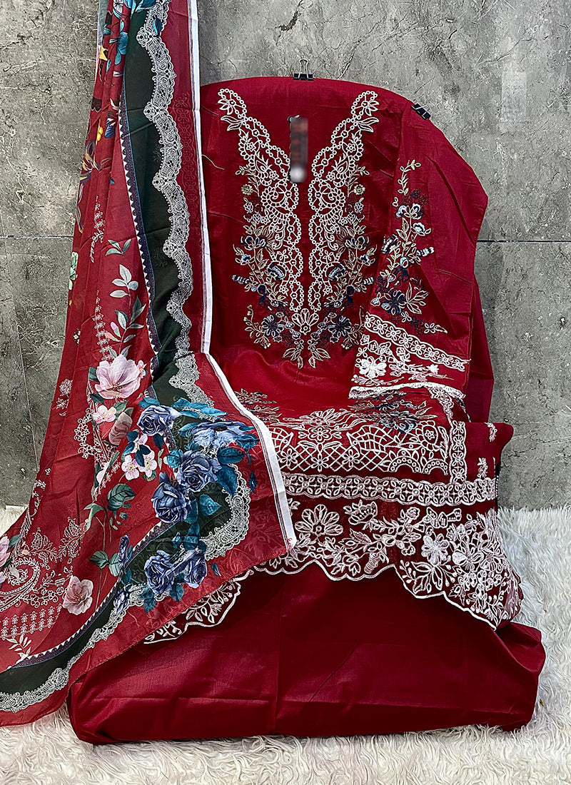 Heavy Cotton Red Eid Wear Embroidery Work Pakistani Suit