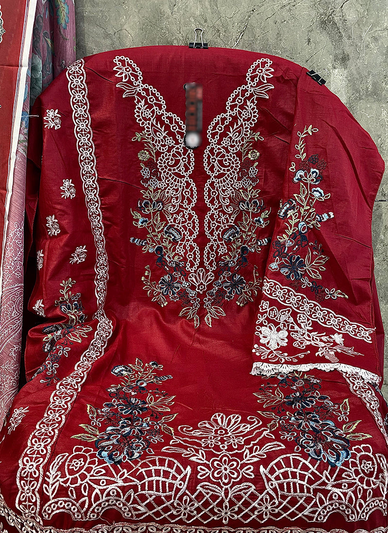 Heavy Cotton Red Eid Wear Embroidery Work Pakistani Suit