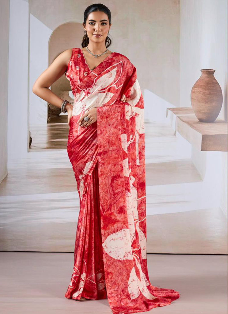 Modal Satin Red Festival Wear Printed Work Saree 388788
