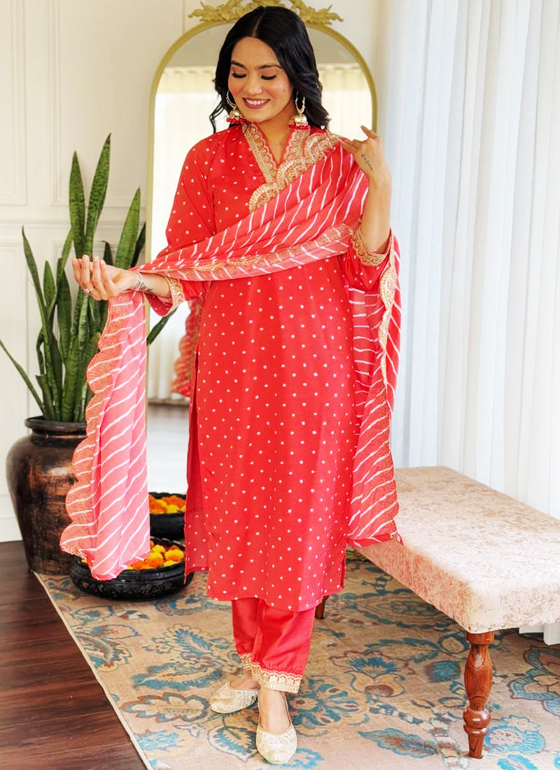 Muslin Silk Red Traditional Wear Embroidery Work Readymade Straight Suit