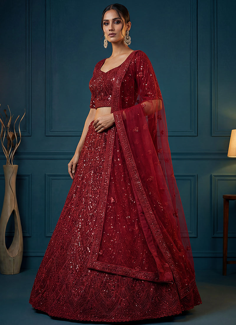 Red Net Sequins Work  Wedding Wear Lehenga Choli SW675942