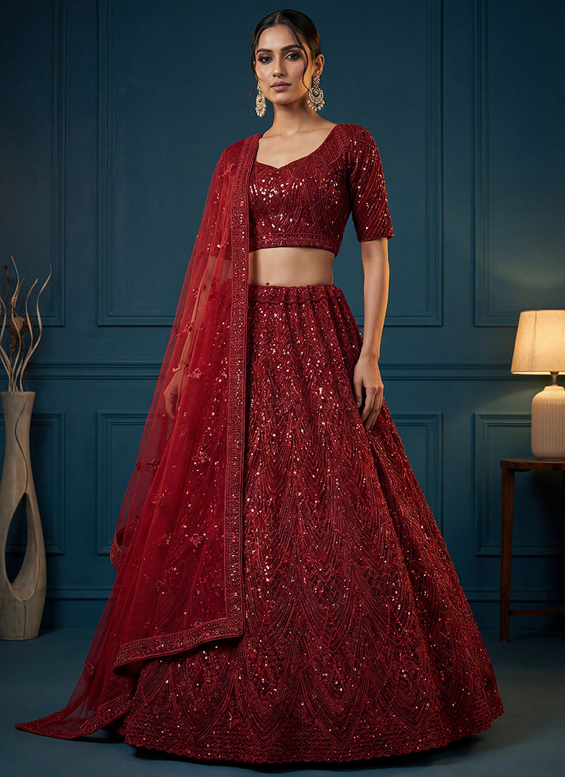 Red Net Sequins Work  Wedding Wear Lehenga Choli SW675942