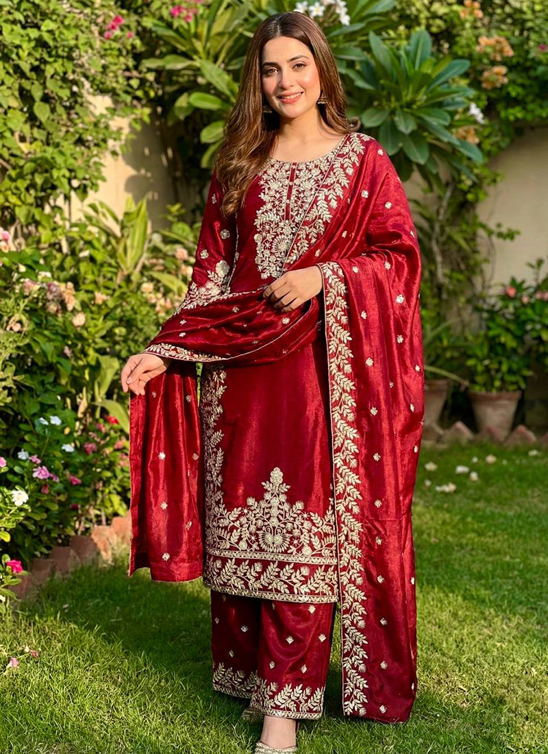 Pure Gmy Silk Red Eid Wear Embroidery Work Readymade Pakistani Suit