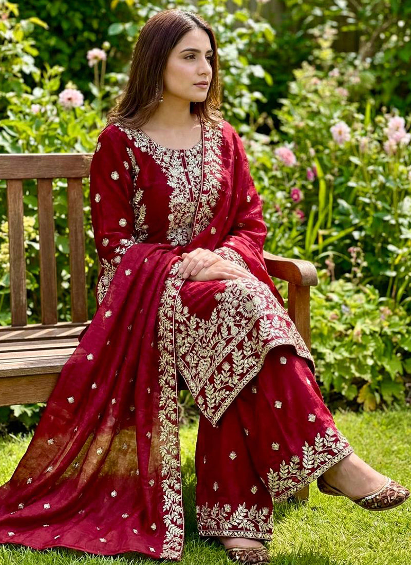 Pure Gmy Silk Red Eid Wear Embroidery Work Readymade Pakistani Suit