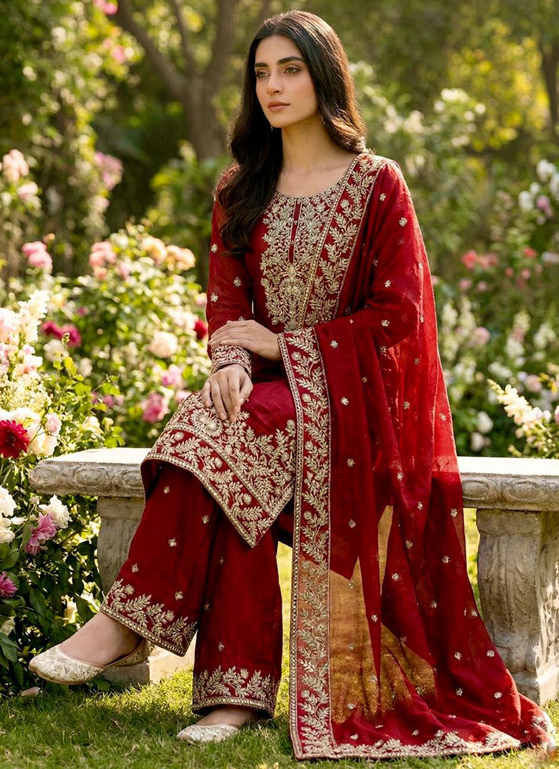 Pure Gmy Silk Red Eid Wear Embroidery Work Readymade Pakistani Suit