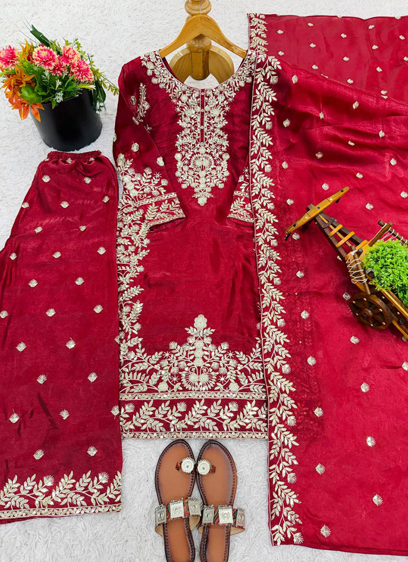 Pure Gmy Silk Red Eid Wear Embroidery Work Readymade Pakistani Suit