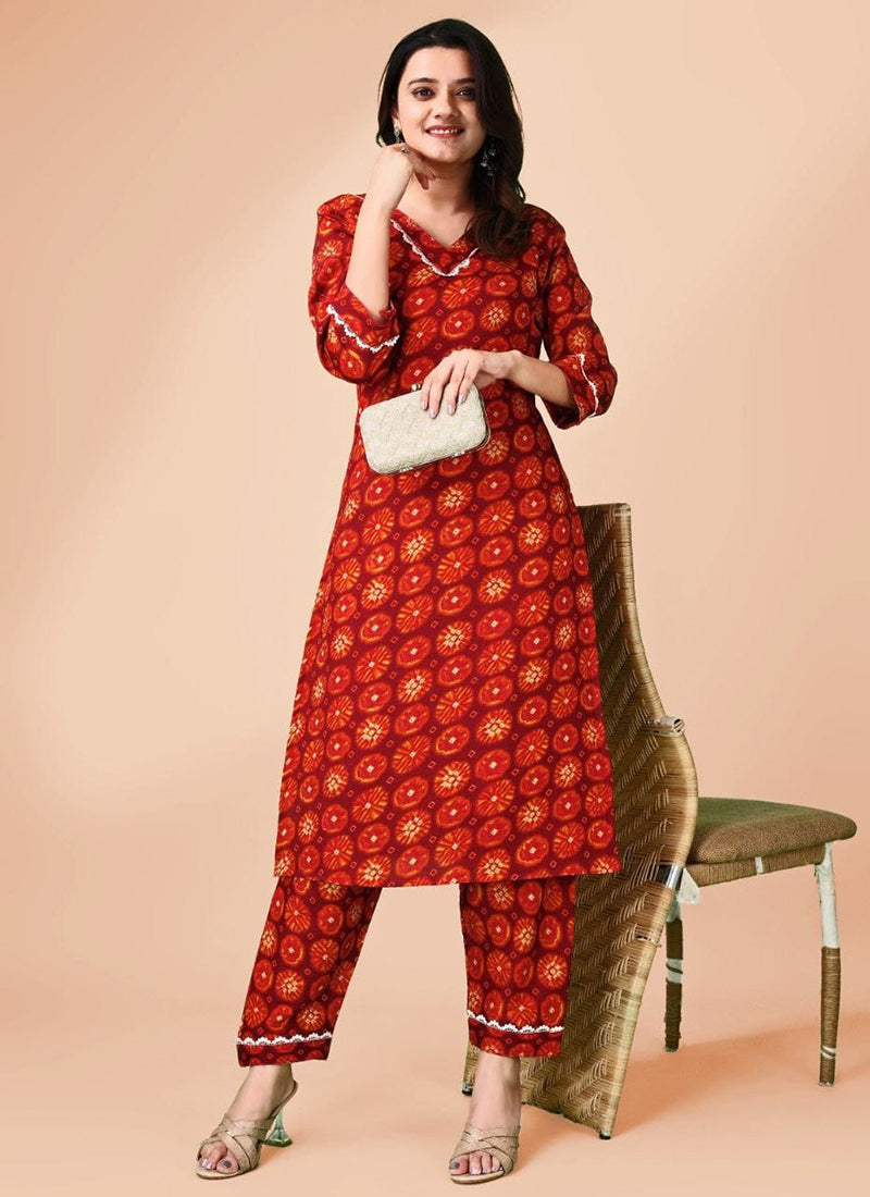 Silk Red Casual Wear Printed Readymade Kurti With Bottom