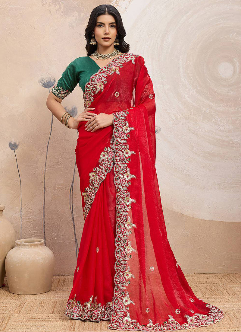 Soft Space Silk Red Designer Wear Embroidery Work Saree