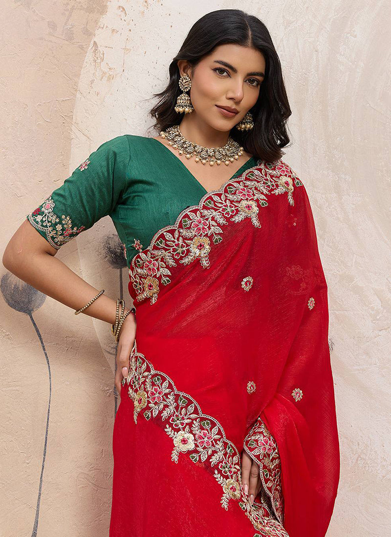 Soft Space Silk Red Designer Wear Embroidery Work Saree