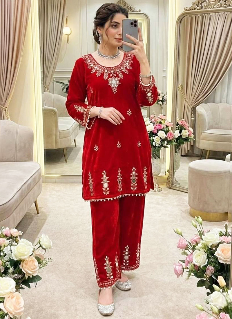Velvet Red Occasional Wear Mirror Work Readymade Designer Kurti