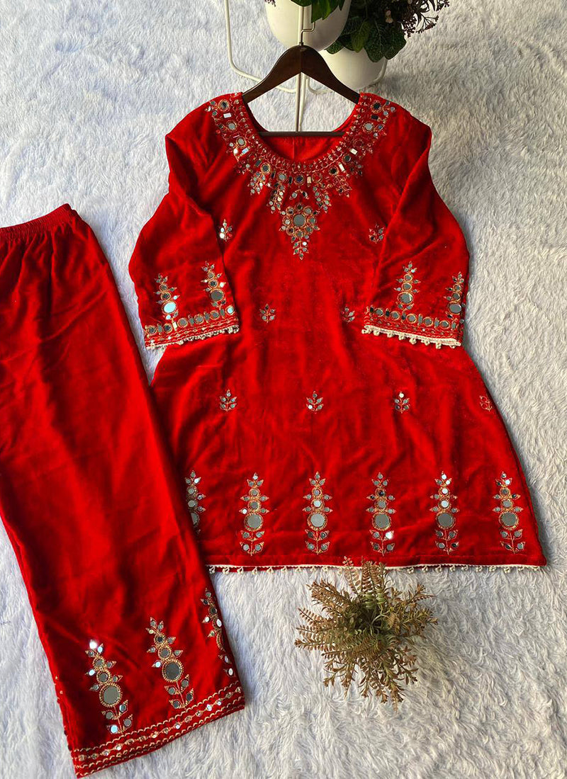 Velvet Red Occasional Wear Mirror Work Readymade Designer Kurti