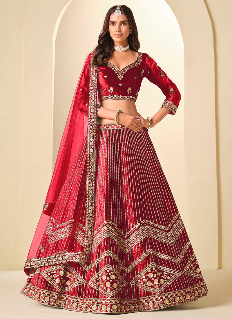 Velvet Red Wedding Wear Sequins Work Lehenga Choli