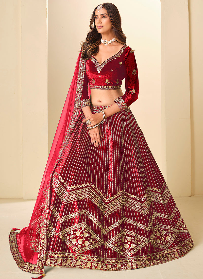 Velvet Red Wedding Wear Sequins Work Lehenga Choli
