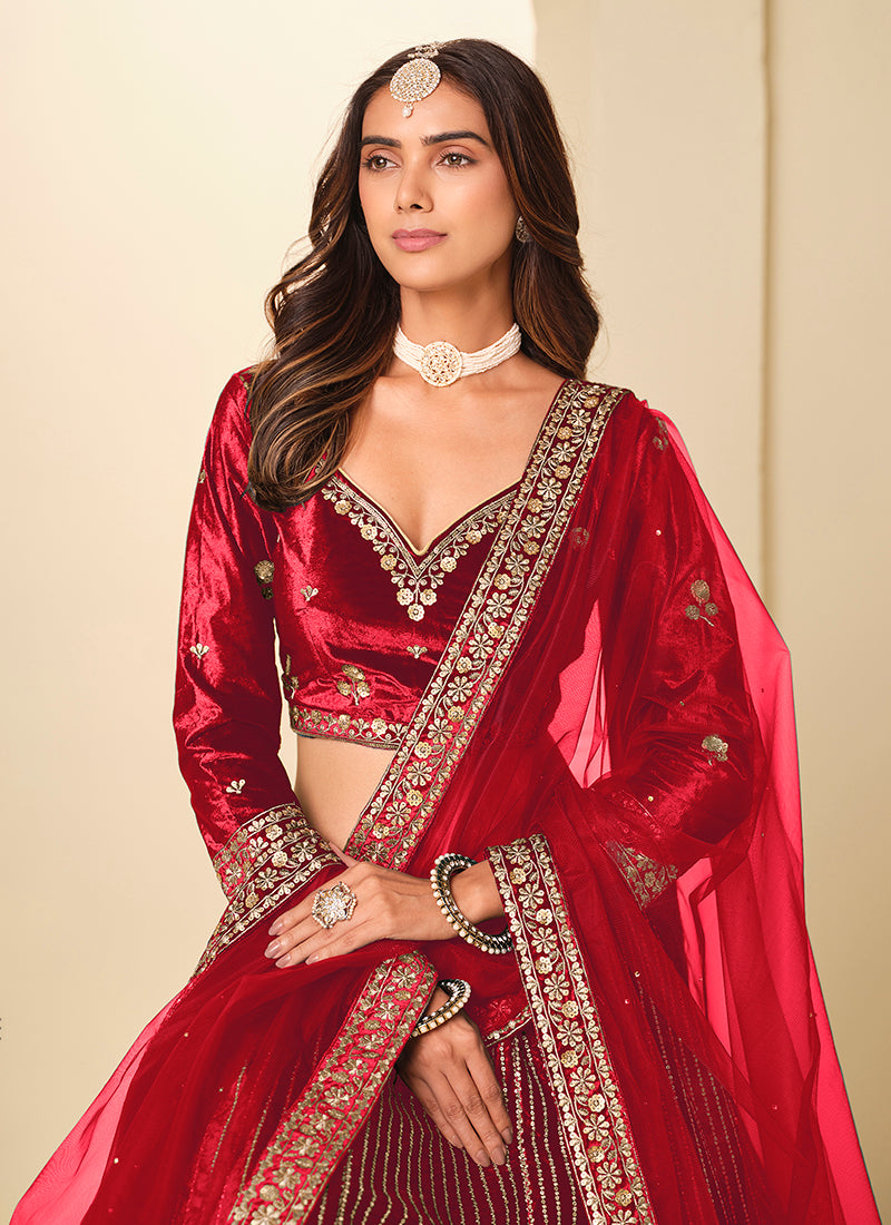Velvet Red Wedding Wear Sequins Work Lehenga Choli