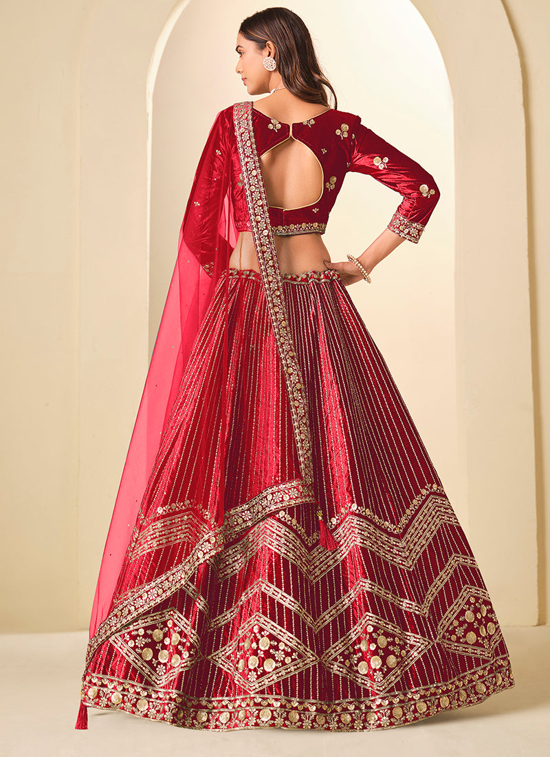 Velvet Red Wedding Wear Sequins Work Lehenga Choli