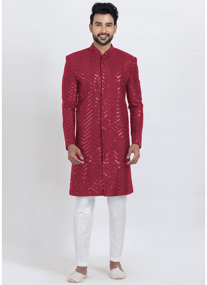 Viscose Rayon Red Eid Wear Sequins Work Readymade Indo Western