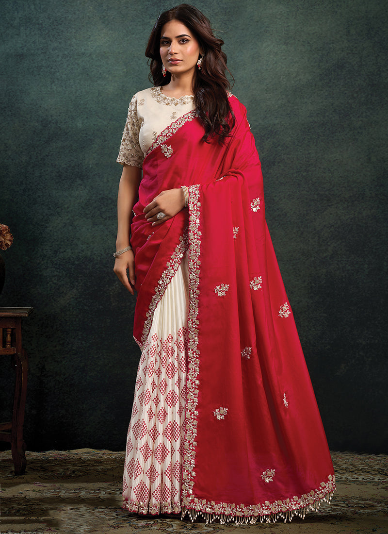Satin Silk Red & Cream Party Wear Sequins Embroidery Work Parties Saree 389019