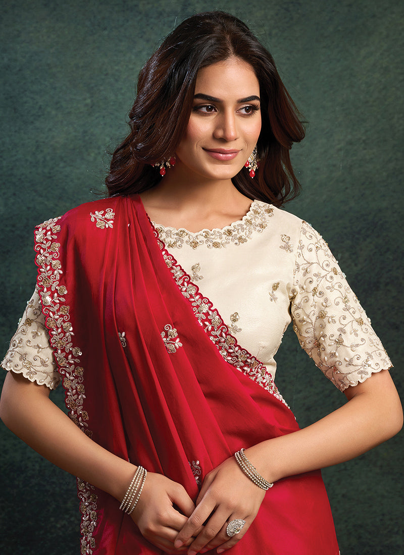 Satin Silk Red & Cream Party Wear Sequins Embroidery Work Parties Saree 389019